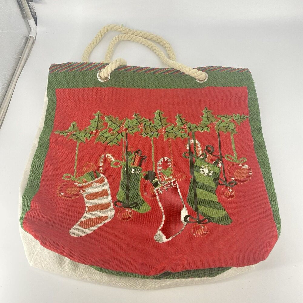 Christmas Tapestry Tote Bag Stockings Holiday Woven Rope Handles 16x17
